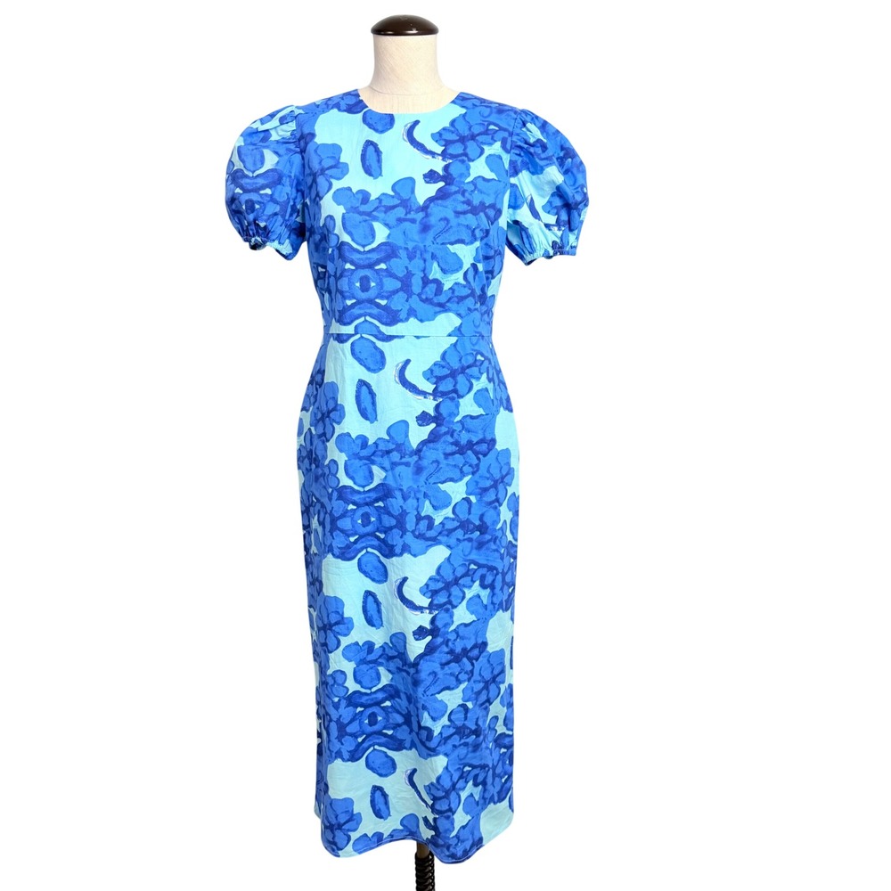 NEW English Factory Blue Floral Puff Sleeve Midi Dress Sheath Back Slit Size XS